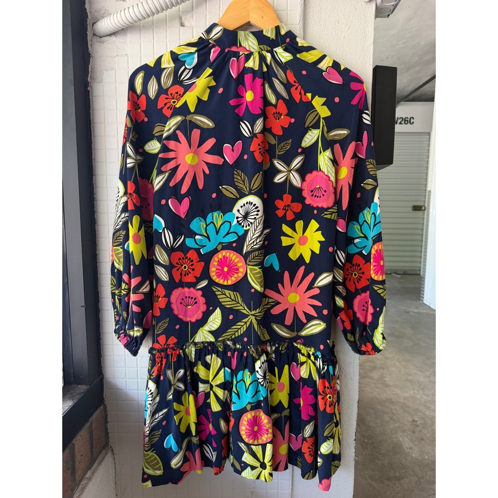 Trina Turk XS Silk Mini Dress Floral Navy Blue Mock Neck Long Sleeve Ruffle Hem - Picture 6 of 9